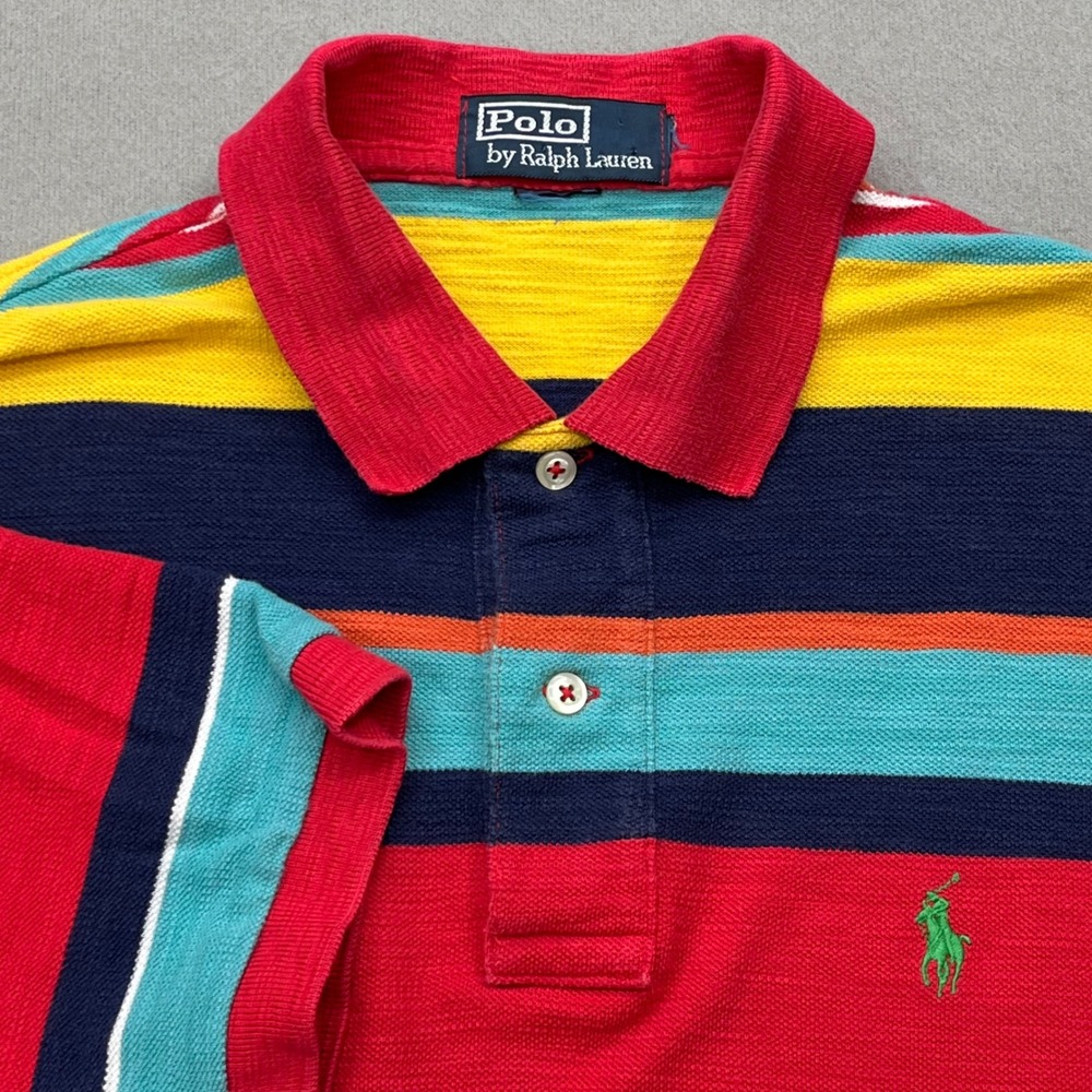 Polo Ralph Lauren Mens Multi Color Striped Pique Polo Shirt Short Sleeve Large